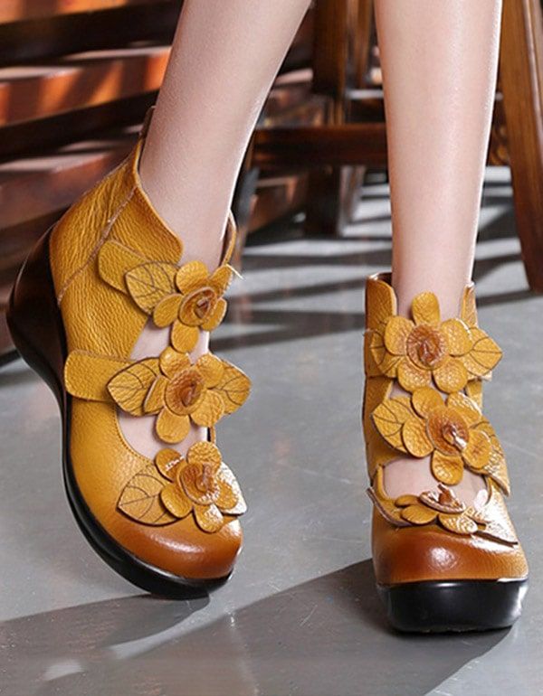 Sandales Compensées Pour Femmes De Style Ethnique À Fleurs Faites À La Main