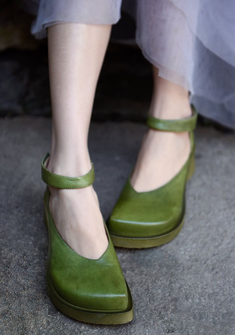 Sandales Vertes À Talons Épais Et Velcro Pour Femmes