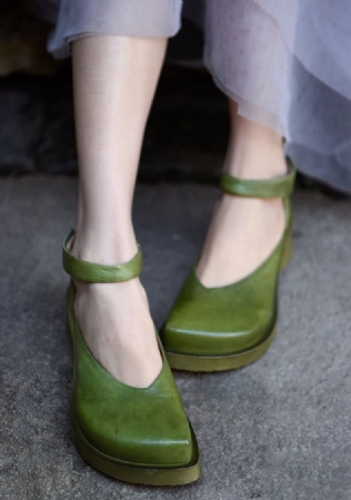 Sandales Vertes À Talons Épais Et Velcro Pour Femmes