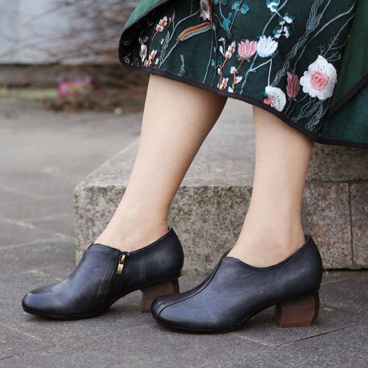 Spring Peacock Blue Vintage Chunky Heels