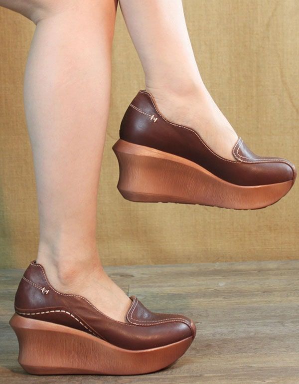 Talons Compensés En Cuir Rétro Printemps Chaussures Femmes