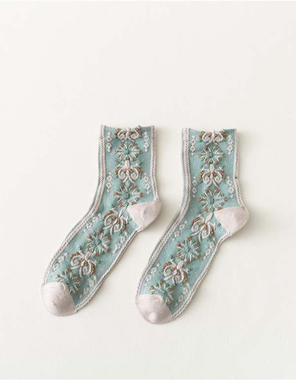 2 Paires De Chaussettes En Coton À Fleurs Vintage De Couleur Printanière