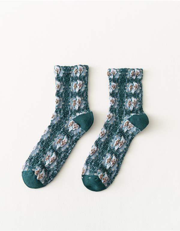 2 Paires De Chaussettes En Coton À Fleurs Vintage De Couleur Printanière