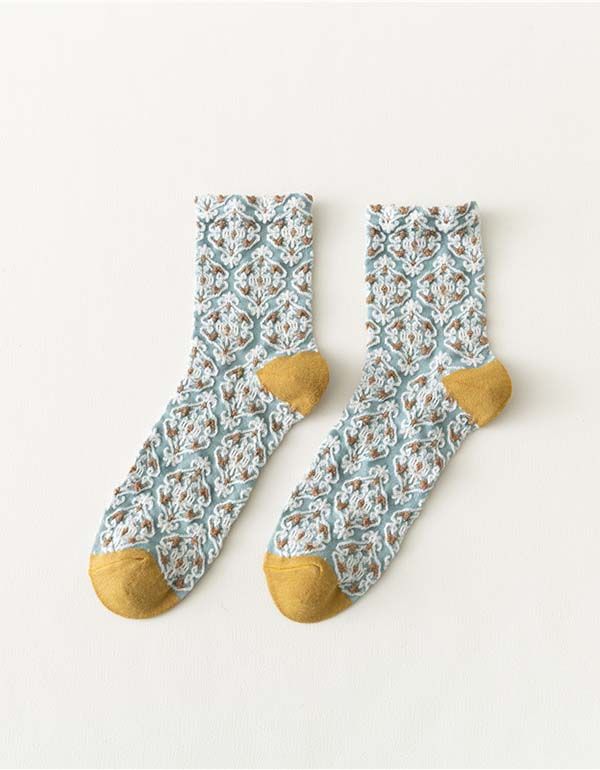 2 Paires De Chaussettes En Coton À Fleurs Vintage De Couleur Printanière