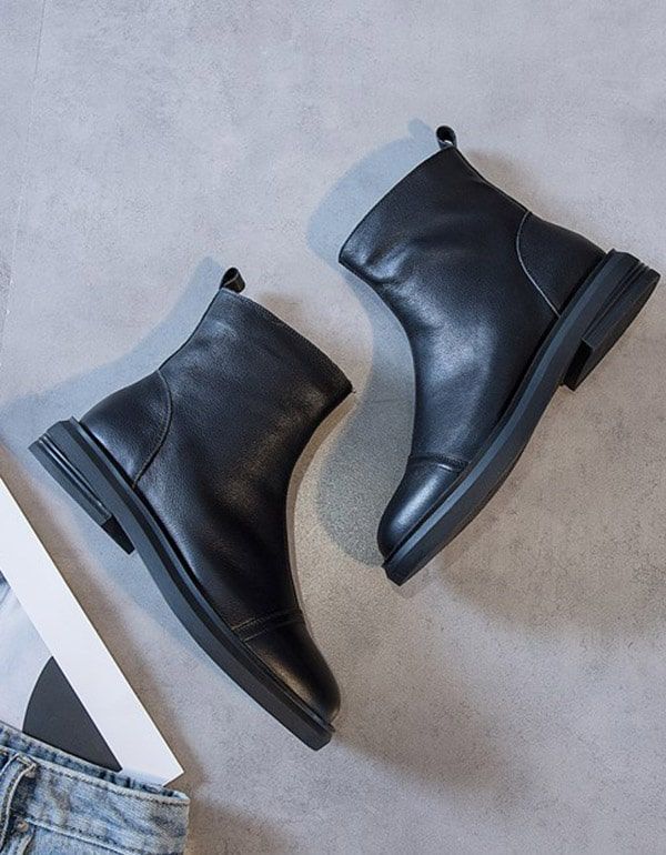 Bottes Courtes En Cuir Polyvalentes Printemps-automne Noir