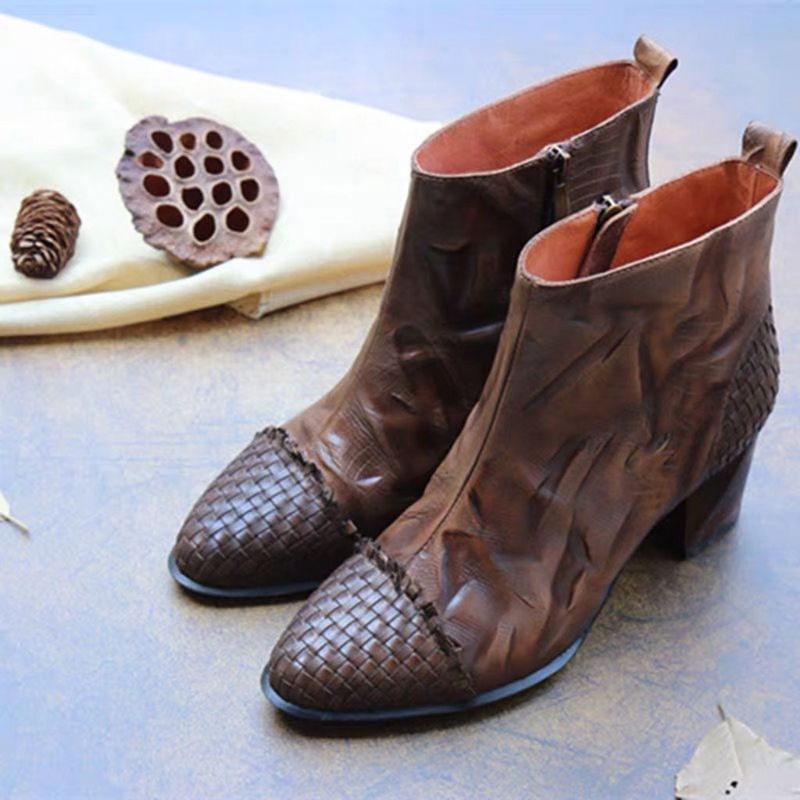 Bottes Pour Femmes À Talons Hauts En Cuir Véritable Rétro Printemps-automne