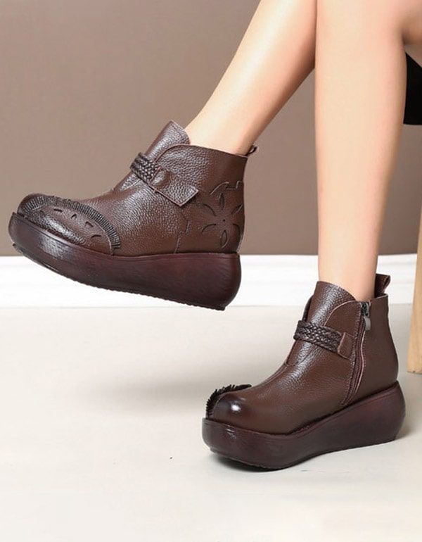 Bottines Compensées En Cuir Rétro Printemps Automne