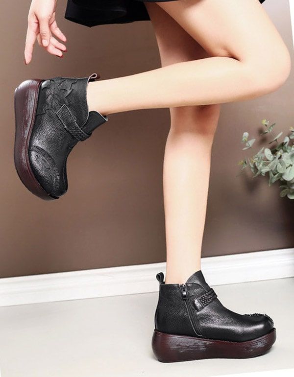 Bottines Compensées En Cuir Rétro Printemps Automne