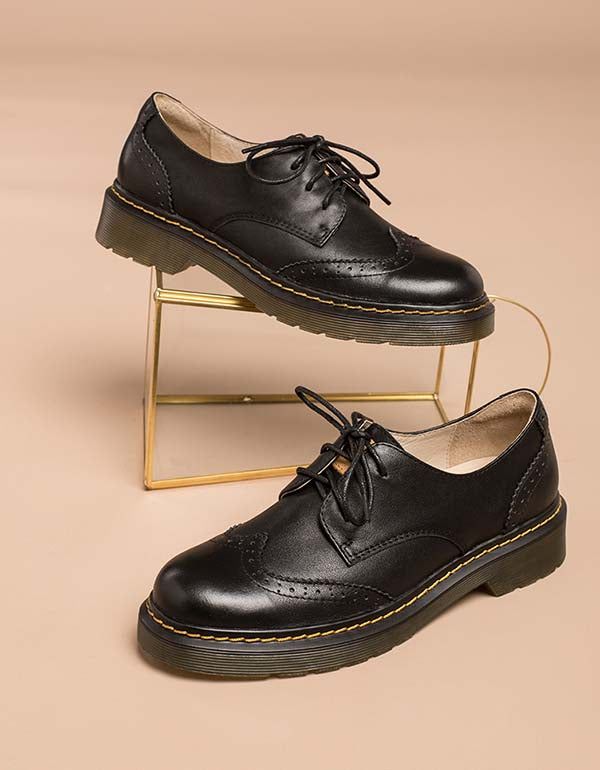 Chaussures Oxford À Talons Épais En Cuir Véritable Pour Femmes