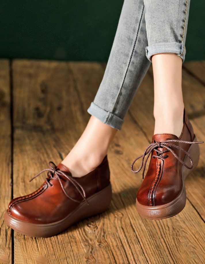 Chaussures De Printemps À Lacets À Tête Ronde En Cuir Véritable