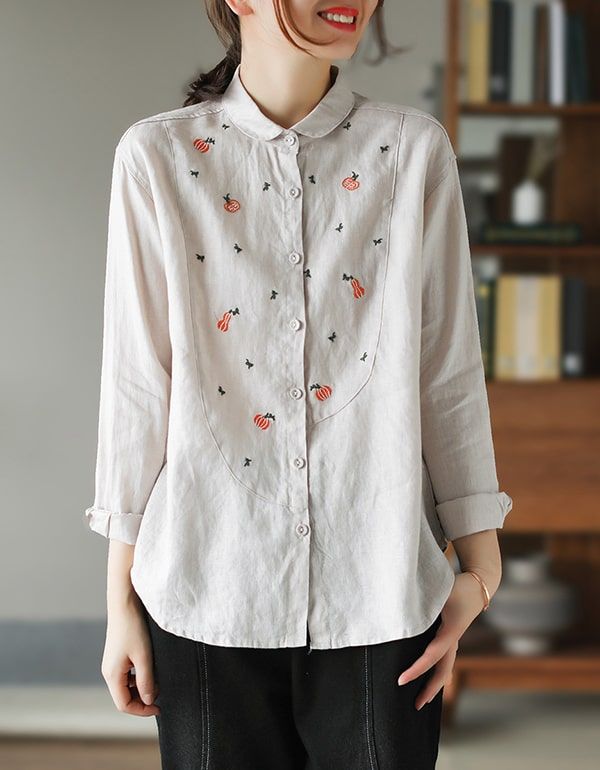 Chemise De Printemps Pour Femme En Lin Avec Broderie