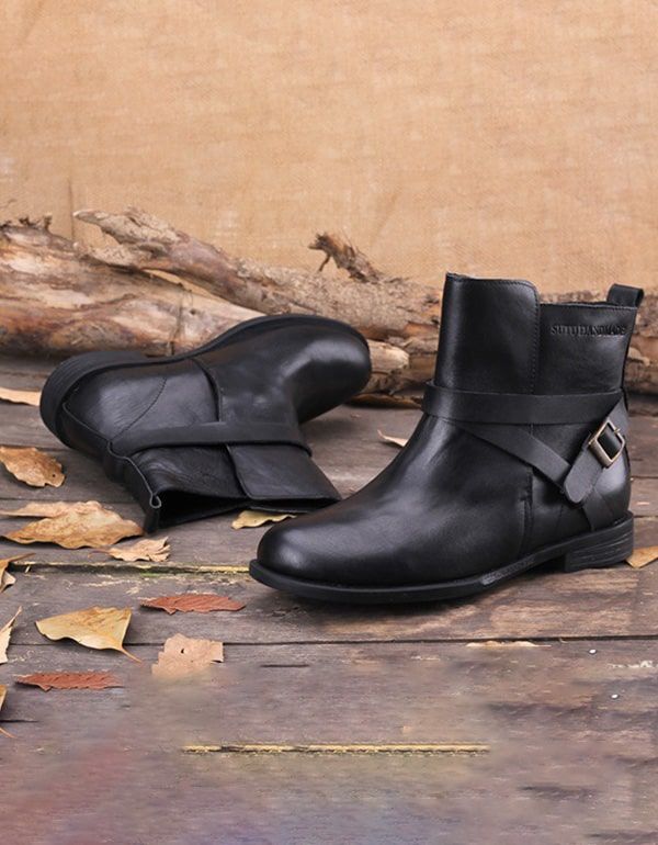 Printemps Automne Bottines Fait Main Noir