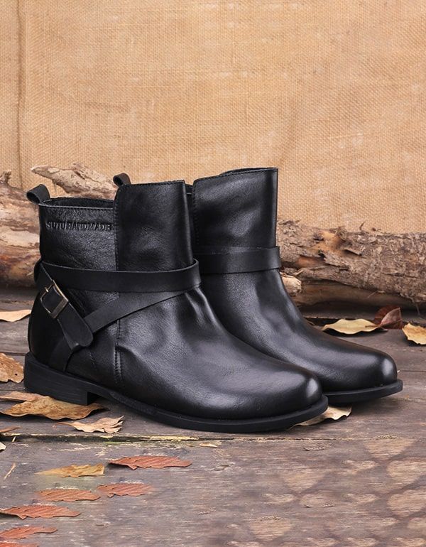 Printemps Automne Bottines Fait Main Noir