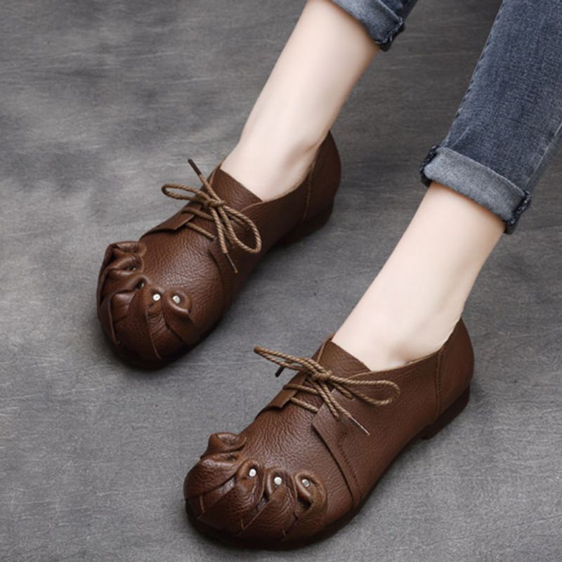 Spring Retro Leather Handmade Soft Bottom Flat Women's Shoes | Chaussures Cadeaux