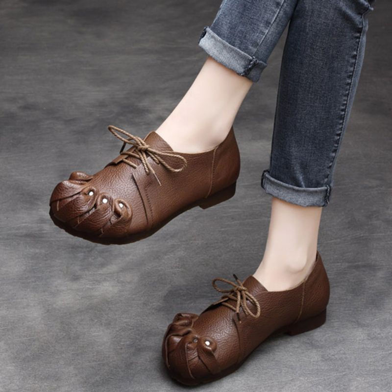 Spring Retro Leather Handmade Soft Bottom Flat Women's Shoes | Chaussures Cadeaux