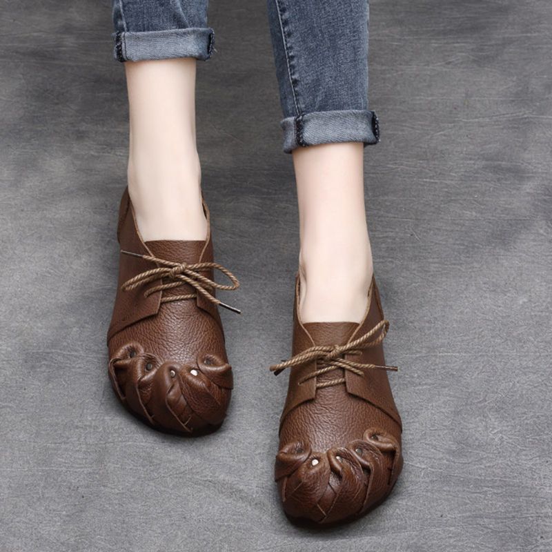 Spring Retro Leather Handmade Soft Bottom Flat Women's Shoes | Chaussures Cadeaux