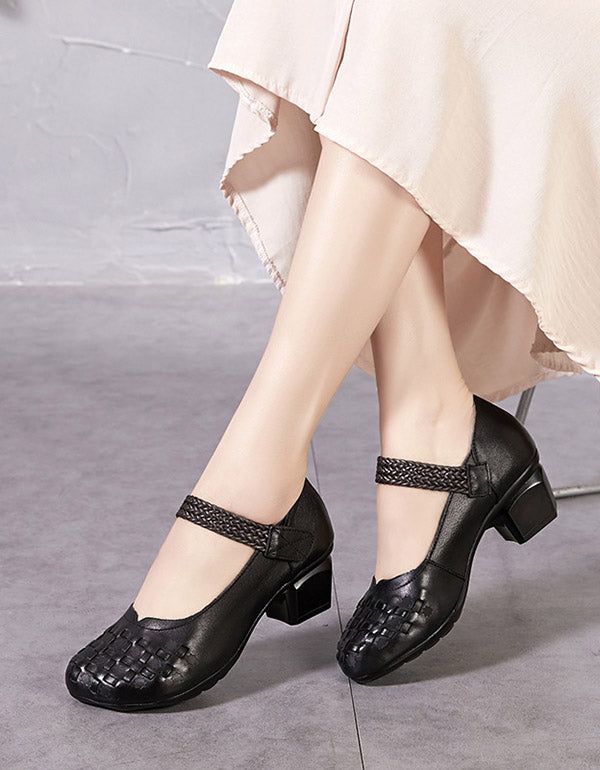 Spring Summer Velcro Retro Leather Chunky Heels