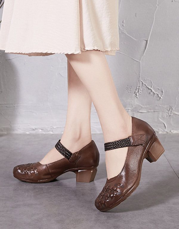 Spring Summer Velcro Retro Leather Chunky Heels