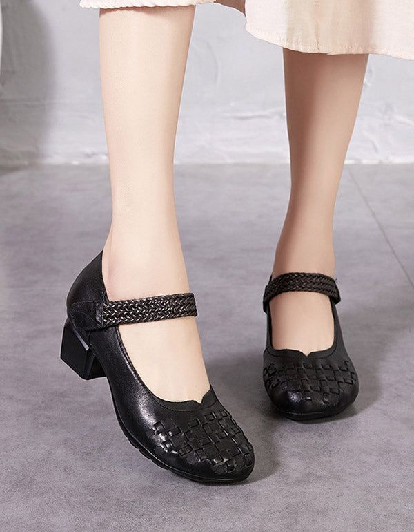 Spring Summer Velcro Retro Leather Chunky Heels