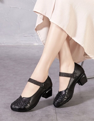 Spring Summer Velcro Retro Leather Chunky Heels