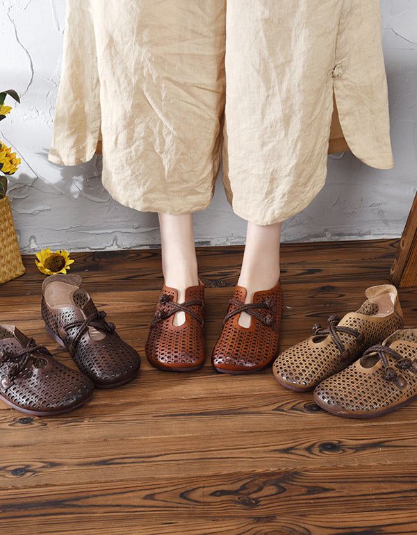 Summer Spring Retro Leather Flats Respirant