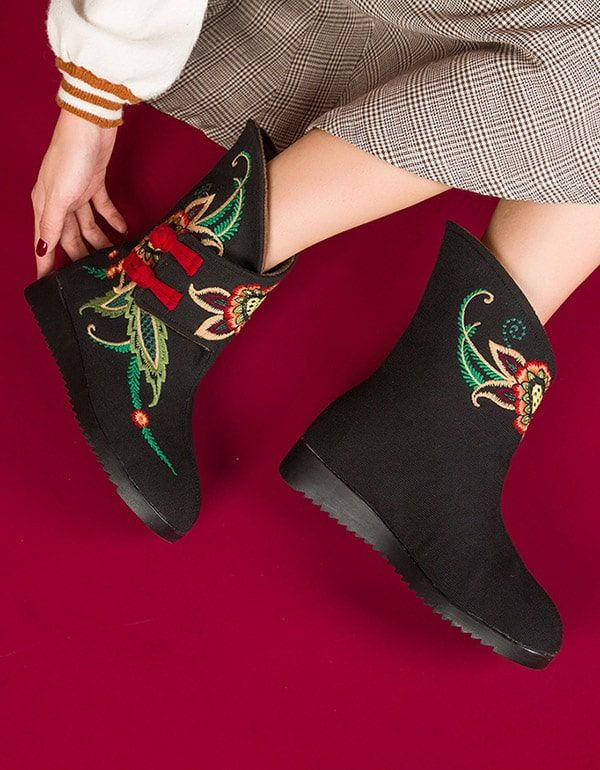 Bottes De Broderie Pour Femmes En Peluche D'hiver Style Ethnique