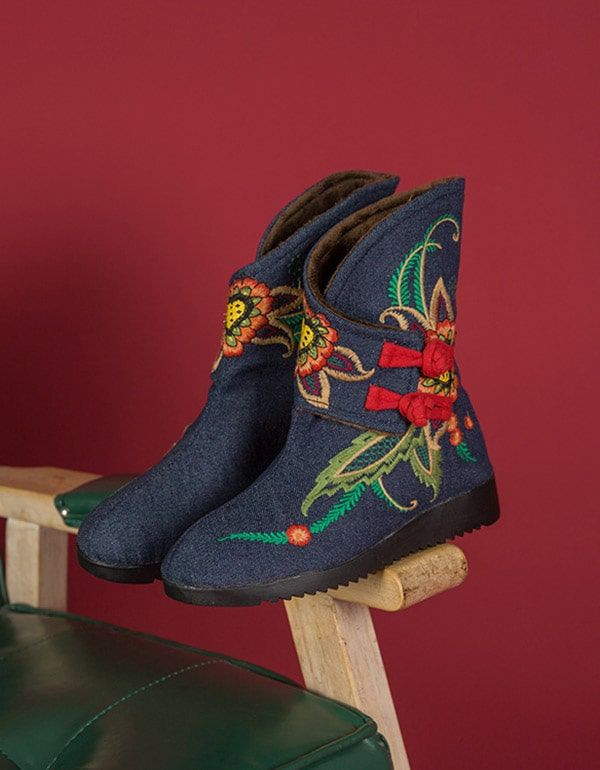 Bottes De Broderie Pour Femmes En Peluche D'hiver Style Ethnique