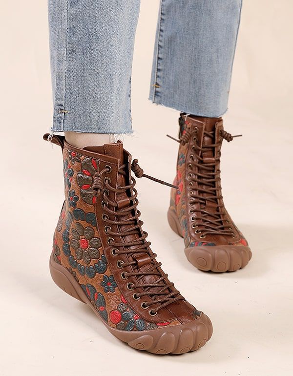 Bottes En Cuir Imprimé Fleuri À Lacets De Style Ethnique