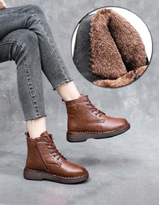 Bottes D'hiver En Peluche Rétro En Cuir Souple Faites À La Main