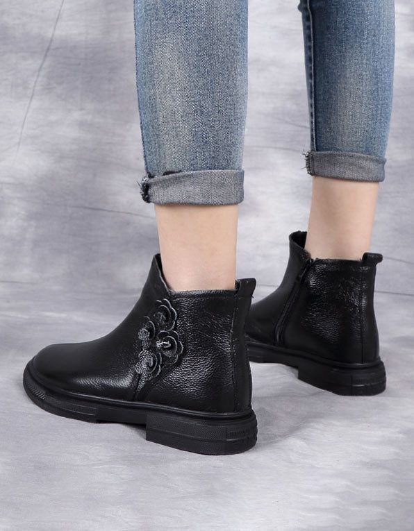 Bottines En Cuir Rétro Avec Doublure En Fourrure D'hiver