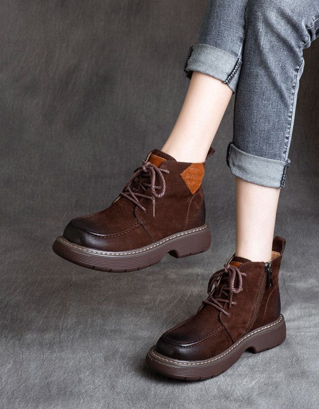 Hiver Automne Talon Épais Bottines En Cuir Rétro