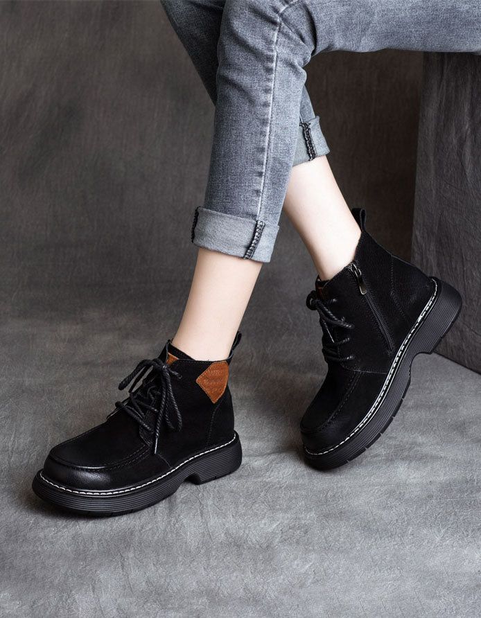 Hiver Automne Talon Épais Bottines En Cuir Rétro