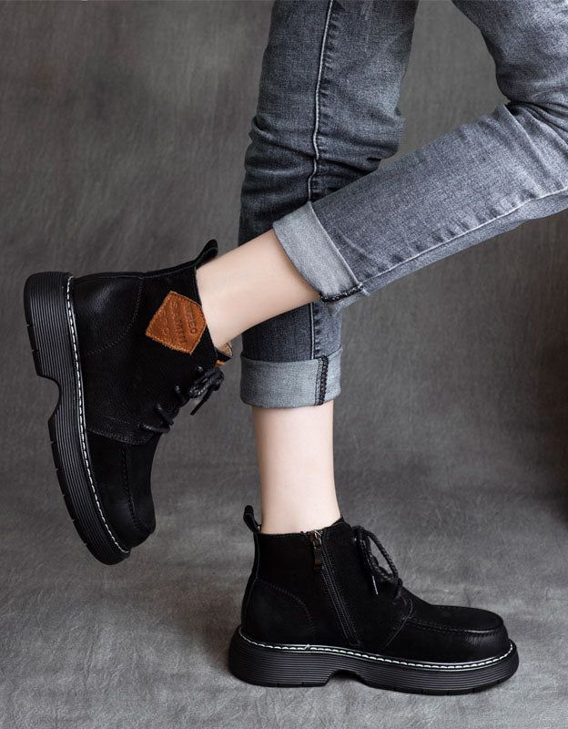 Hiver Automne Talon Épais Bottines En Cuir Rétro