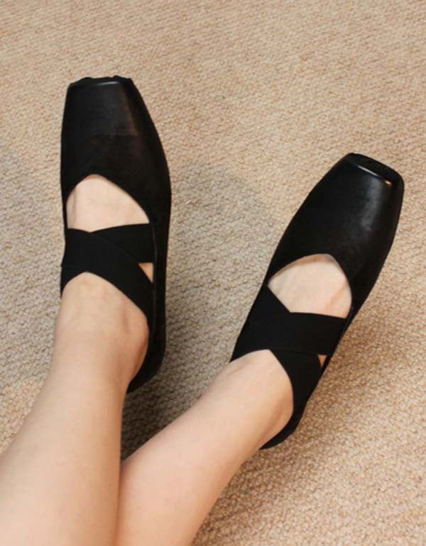 Spring Handmade Cross-strap Square-toe Ballerines