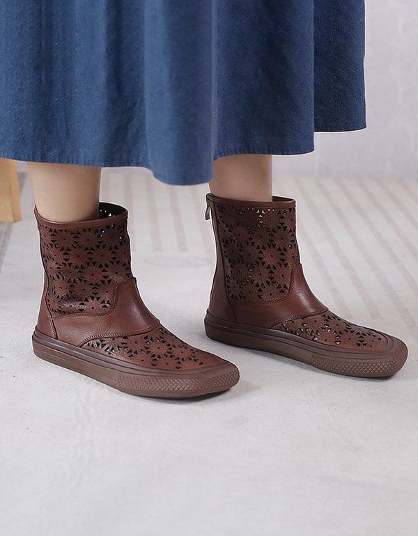 Bottes D'été En Cuir Rétro Faites À La Main Pour Femmes