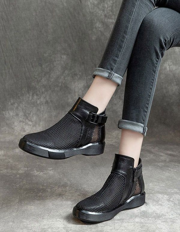 Bottines En Cuir À Mailles Rétro Pour Femmes