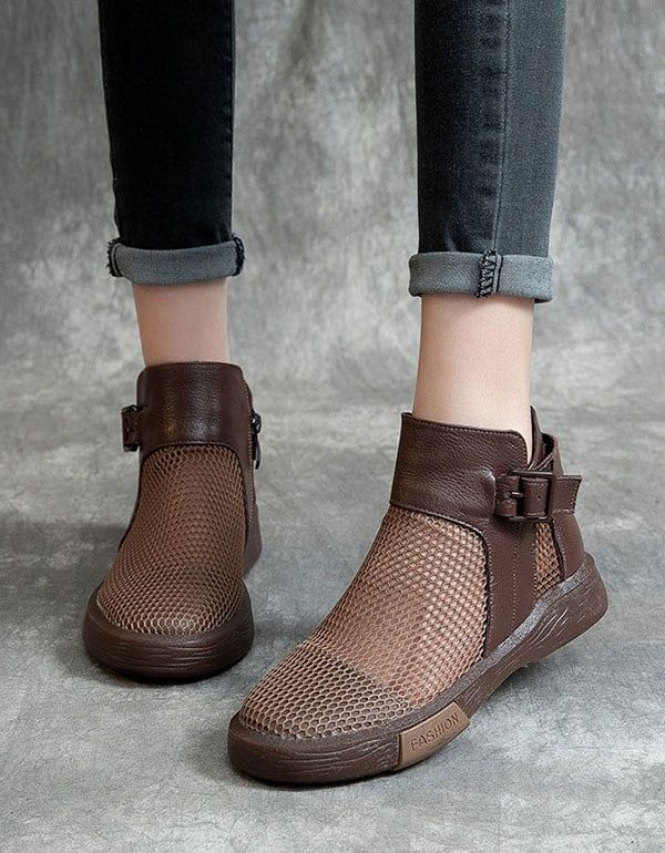 Bottines En Cuir À Mailles Rétro Pour Femmes