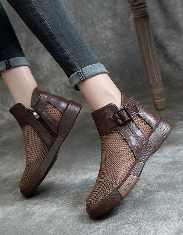 Bottines En Cuir À Mailles Rétro Pour Femmes