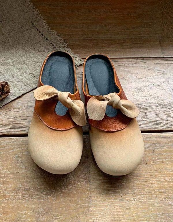 Diapositives En Cuir Souple Bowknot Faites À La Main Pour Femmes