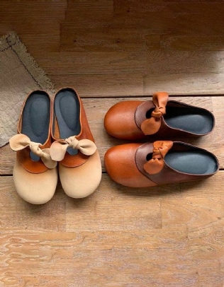 Diapositives En Cuir Souple Bowknot Faites À La Main Pour Femmes