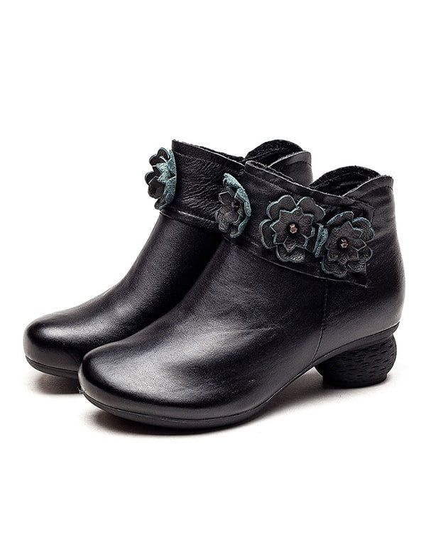 Automne Hiver Chaussures Chunky Fleur En Cuir Rétro