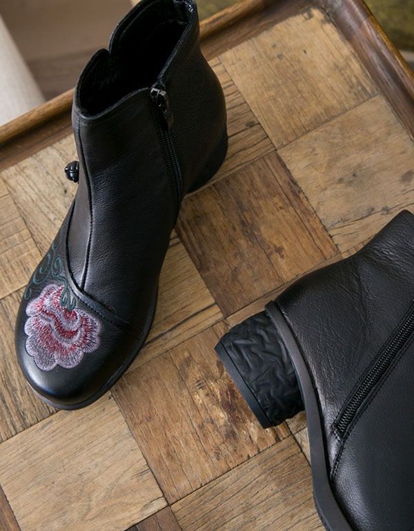 Bottes En Cuir Rétro Brodées À La Main Talons Épais