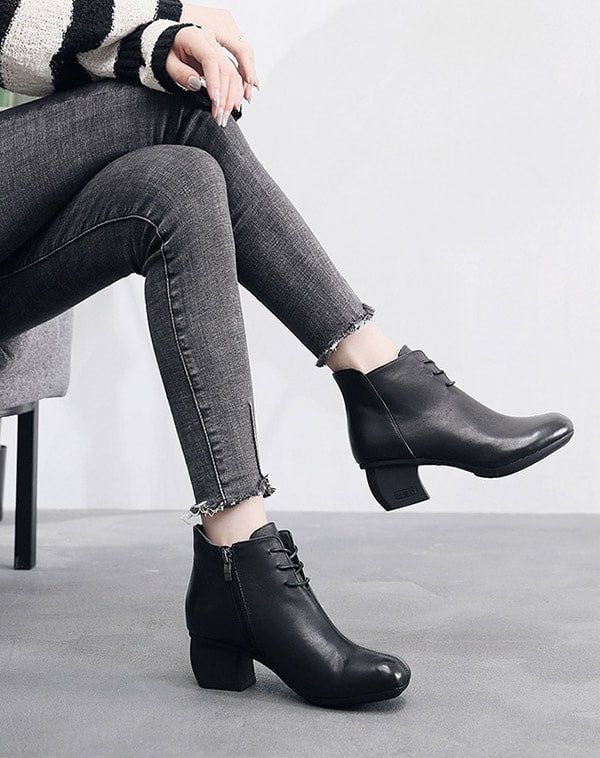 Bottes Épaisses En Cuir Rétro À Lacets Automne-hiver