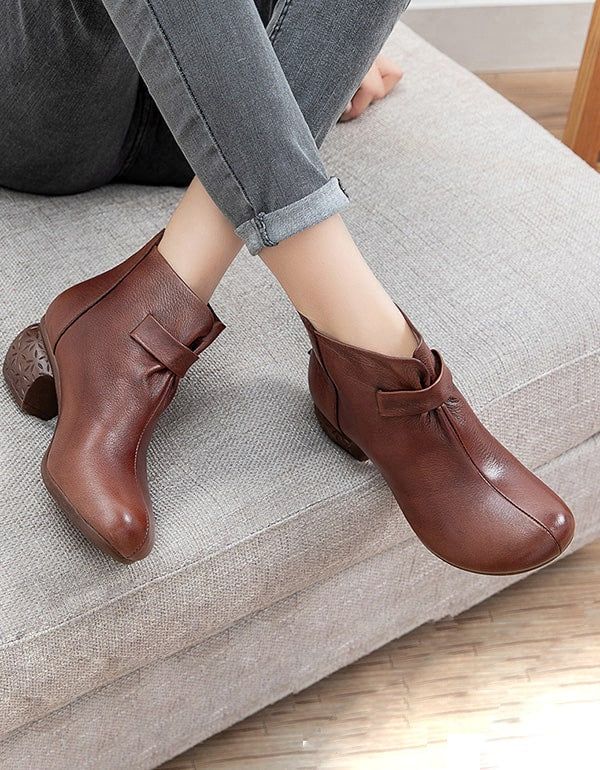 Bottes Épaisses En Cuir Vintage Confortables D'automne