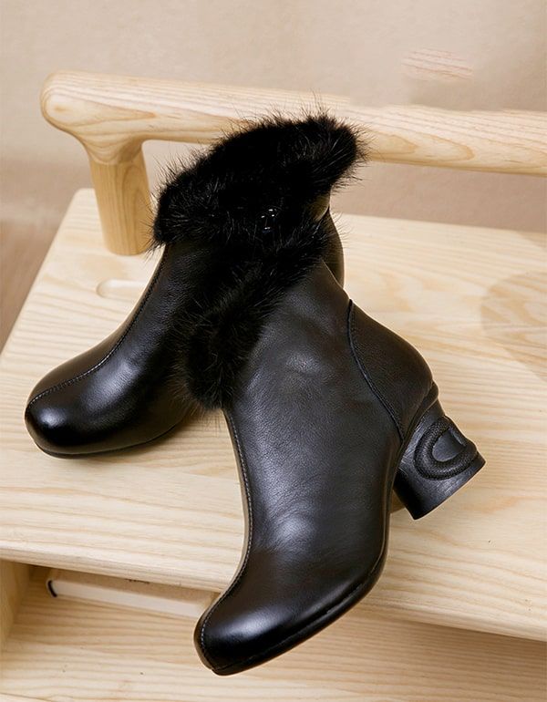 Bottes Épaisses Élégantes En Cuir Rétro En Peluche D'hiver