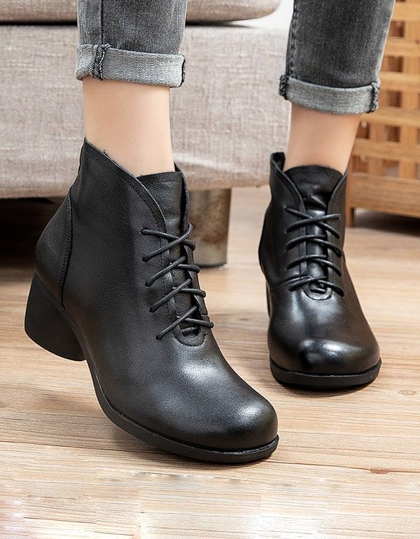 Bottes Pour Femmes Épaisses En Cuir Rétro Faites À La Main