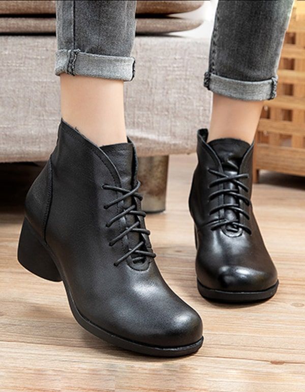 Bottes Pour Femmes Épaisses En Cuir Rétro Faites À La Main