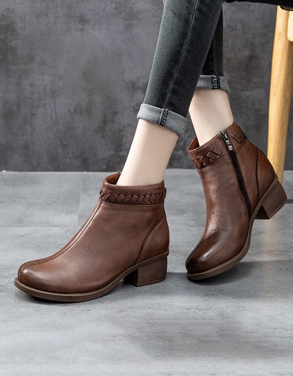 Bottines Épaisses En Cuir Rétro Automne-hiver