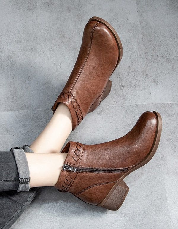 Bottines Épaisses En Cuir Rétro Automne-hiver