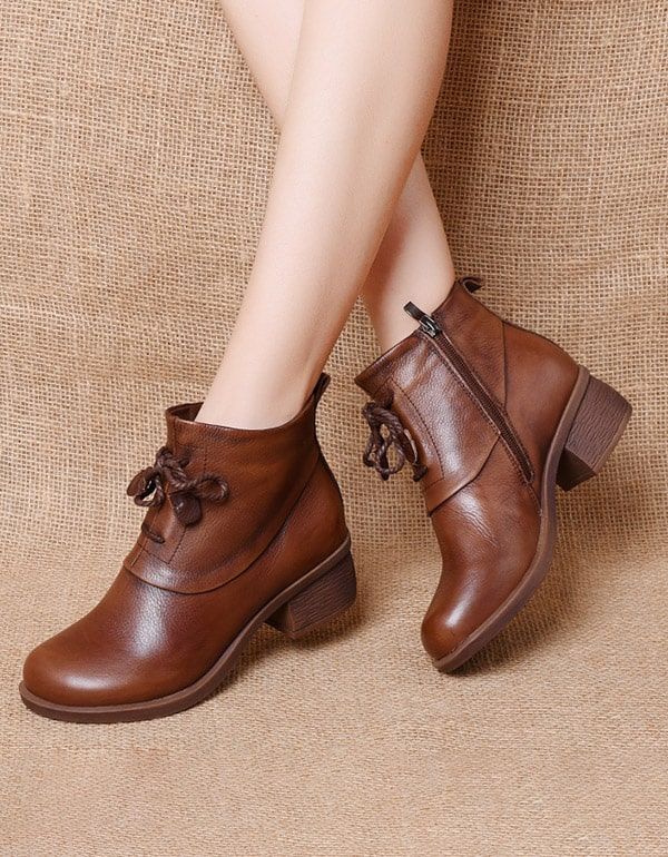 Bottines Épaisses En Cuir Rétro Pour Femmes